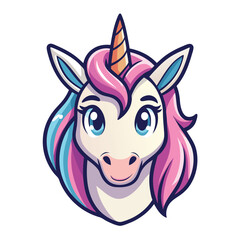 Cartoon Unicorn Head Mascot, Blue Eyes, Pastel Pink, Aqua Hair, Golden Horn, Isolated