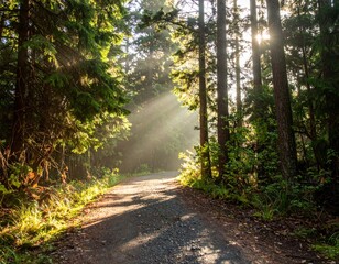 Obraz premium Sunbeams Illuminating Forest Path