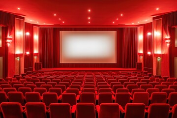 Fototapeta premium Vintage Red Theater Interior Rows of Empty Seats, Curtains, and a Large White Screen