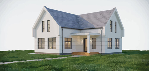 Modern White Farmhouse Exterior with Green Lawn