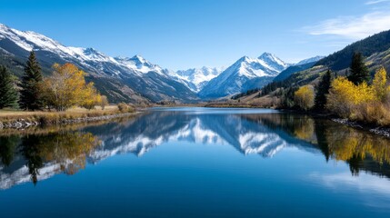 Autumn Majesty: Mountain Lake Reflection - Serene autumn scene, snow-capped mountains reflected in a still lake, vibrant fall foliage, clear blue sky, tranquil nature. Symbolizing peace, serenity