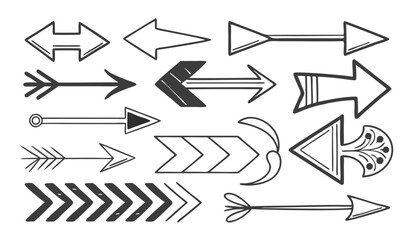 Vector hand drawn arrow icon set Grunge marker line scribbles Handmade curve brush strokes