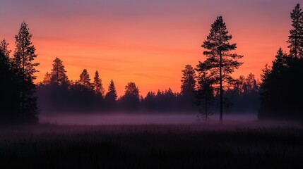A vibrant fiery sunset illuminates a misty forest landscape beautifully
