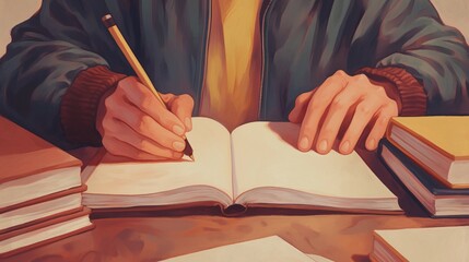 AI Powered Tutoring, A person is writing in a notebook at a desk surrounded by books, focused on studying or taking notes.