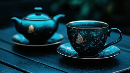 Fototapeta premium Elegant tea cup and teapot sit on a dark table