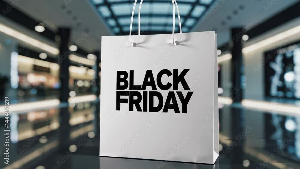 Poster six slightly different views of a white shopping bag with the words black friday printed on it, plac