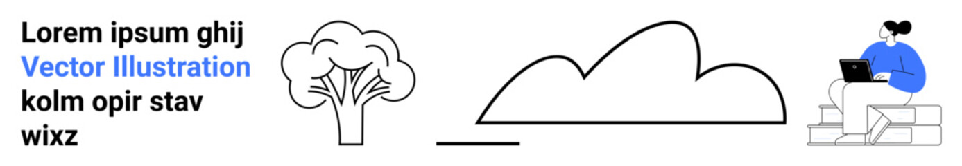 Person seated with laptop, abstract cloud, tree elements, minimalistic style. Ideal for remote work, creativity, environment, online learning, cloud services sustainability themes simple landing