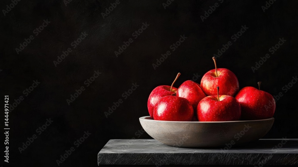 Poster bowl of red apples on a dark background. the apples are arranged in a circular pattern in the bowl, 