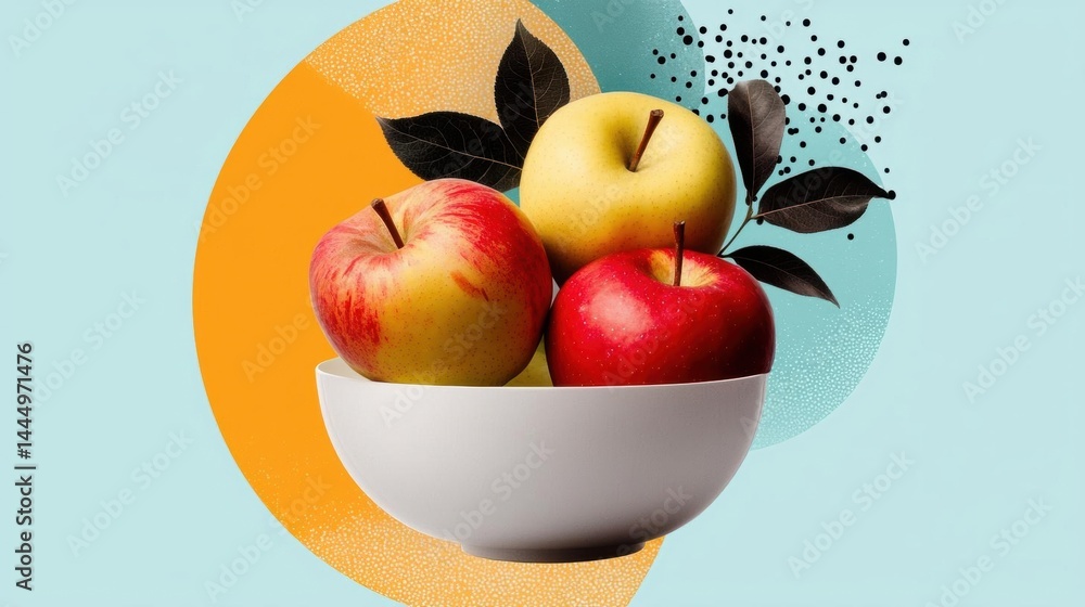 Aufkleber illustration of three apples in a white bowl. the apples are red and yellow in color and are arrange