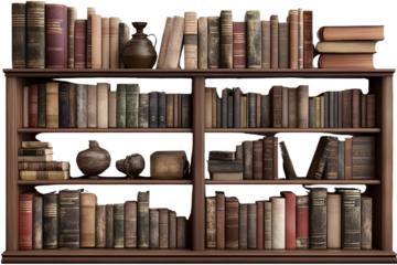 3D realistic old bookshelf, illustration set, on a transparent background