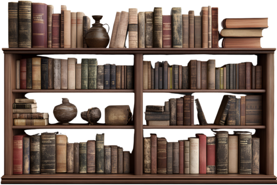 3D realistic old bookshelf, illustration set, on a transparent background