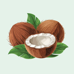 Fresh Whole and Halved Coconuts with Lush Green Leaves