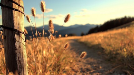 Obraz premium A scenic landscape featuring a wooden fence post and grassy trail