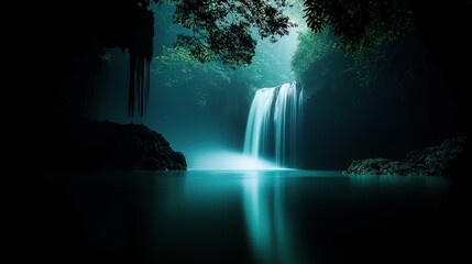 A tranquil waterfall flows peacefully into a serene turquoise colored lake