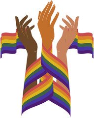 Hands and rainbow lgbt flag celebrate pride month illustration. LGBT elements pride month icon
