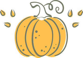 Autumn mood icon. Doodle pumpkin and seeds sticker. Vector hand drawn picture