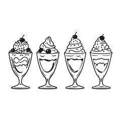 Line art vector of ice cream sundae in glass bowl