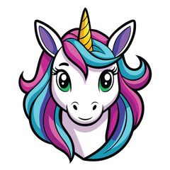 Cartoon Unicorn Head with Colorful Mane, Gold Horn, Cute Face on Isolated White