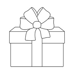 Gift box with big bow. Coloring page with present box. Contour image of carton with surprise.