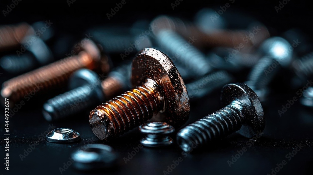 Poster group of screws scattered on a black surface. the screws are of different sizes and shapes, with som