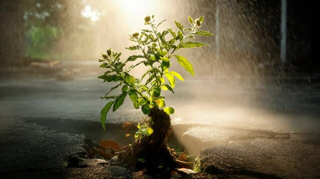 Sapling growing through cracked asphalt on a rainy day, new life and hope in an urban environment, survival and strength of nature overcoming obstacles