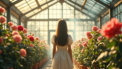 The girl among the flowers in the greenhouse