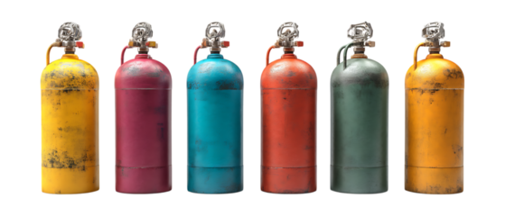Pack of Oxygen Tanks in Five Different Poses Against Transparent Background for Medical Branding, Emergency Promotion, or Industrial Design Projects