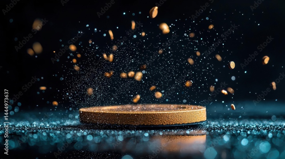 Fototapete close-up of a gold-colored object on a black surface. the object appears to be a coin or a token, wi
