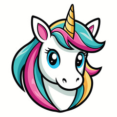 Unicorn Cartoon Head with Blue Eyes, Pink, Turquoise and Yellow Mane Isolated