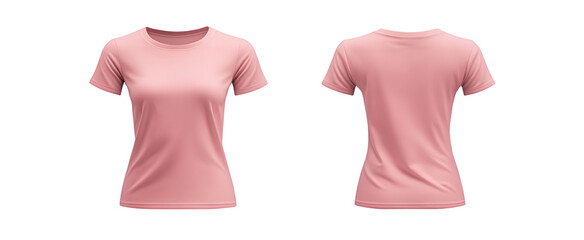  Pink women's t-shirt template, front and back view, isolated on a transparent background. Cutout PNG file with a white stroke