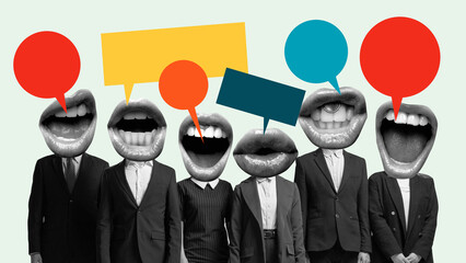 Voices in Suits. Conceptual art collage. Group of suited figures with oversized mouths and speech...