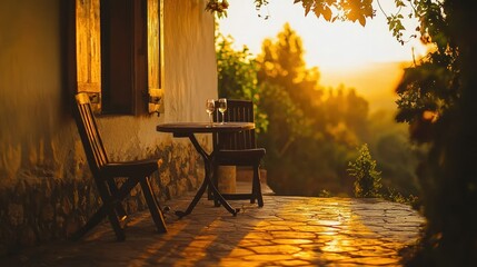Two glasses on a table during the beautiful sunset hour