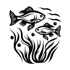 Fish Illustration, Black and White Design, Sea Life, Underwater, Minimalist, Nature, Art