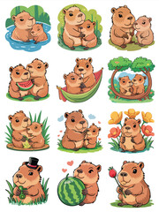 Adorable Capybara Family Illustrations Nine Cute Cartoon Scenes