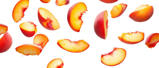 falling flying fresh peach slices isolated on a white background