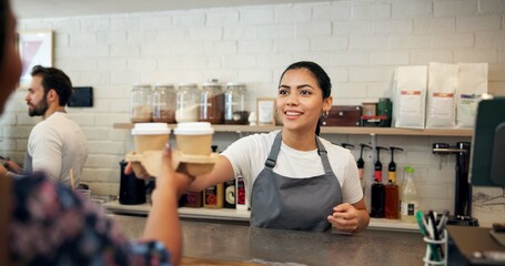 Fototapeta premium Cafe, barista and woman with coffee, sale and smile for customer service, hospitality and server in store. Small business, waitress and person with latte for consumer, happy and checkout for takeaway