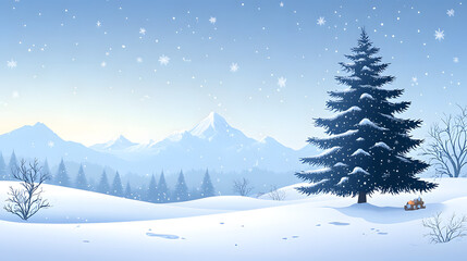 Beautiful Winter Landscape with Snowfall and Lone Evergreen Tree in Scenic Setting