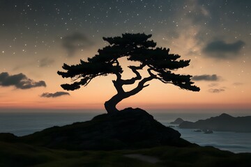 Majestic Silhouette of a Lone Tree at Sunset Under a Starry Night Sky over the Ocean