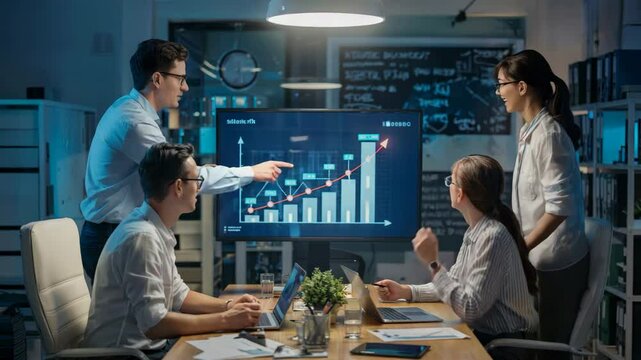 Group of professionals discussing strategies, diverse colleagues collaborating in a modern office at night with data visuals.