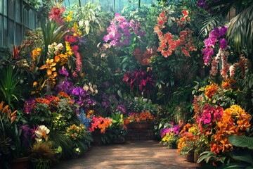Lush greenhouse filled with vibrant tropical flowers and plants