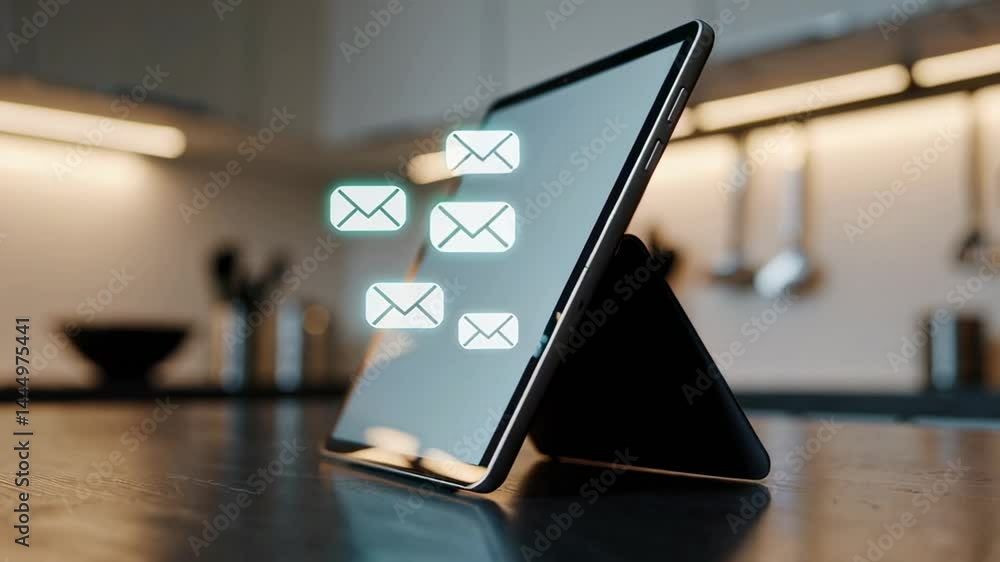 Poster digital data streaming across tablet display within minimalist kitchen space, highlighting technolog