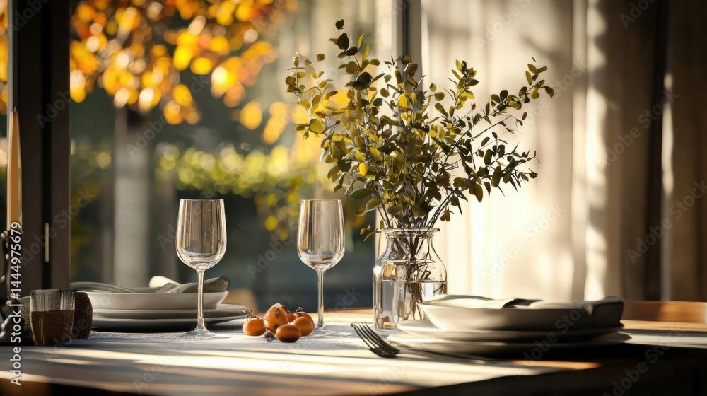 Fototapete dining table set for a meal in front of a large window with a view of trees outside. the table is co