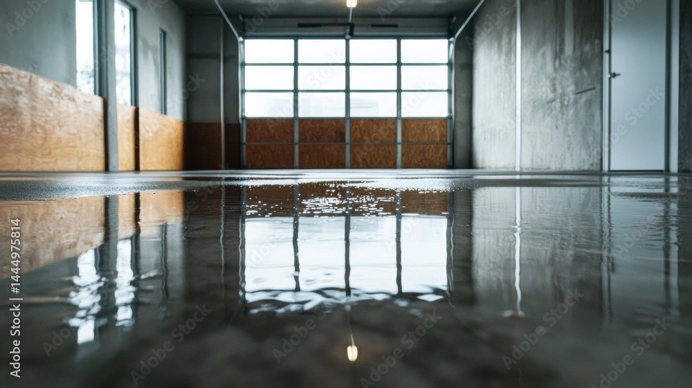 Poster empty room with a large window in the background. the floor is made of concrete and there is a puddl