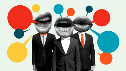 Contemporary art collage. Vocal Leadership. Three authoritative figures in suits with large...