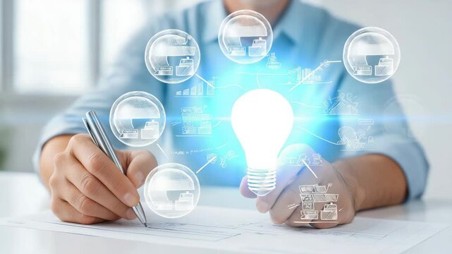 Person holding magnifying glass, focused on a clear document, casual office setting, analysis and attention to detail.