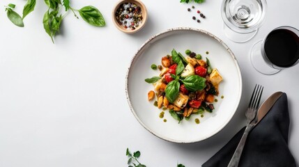 Plate of food on a white table. the plate is white and round, and it is filled with a colorful salad.