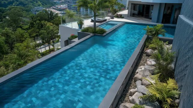 Modern condominium rooftop lap pool with crystal clear turquoise water and tropical landscape design, urban skyline, luxury resort residential architecture.