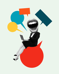 Conceptual art design. Digital Dialogue. Woman with laptop and oversized mouth surrounded by speech...