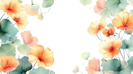 Fototapeta premium A beautiful watercolor floral pattern with nasturtium in pastel colors, with an empty space for the text, on a light green background, The flowers in the picture are on the left 