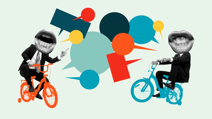 Creative art collage. Riding Discussion. Two suited figures on bicycles shouting while surrounded...